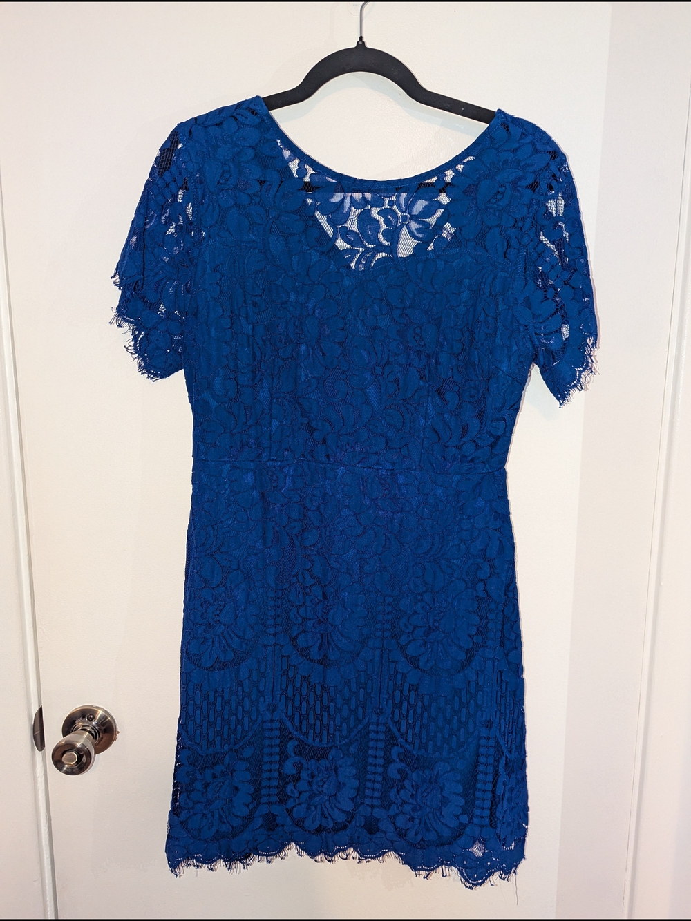 Women's Royal Blue Lace Mini Dress - Elegant Short Sleeve